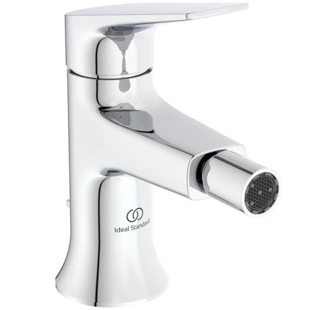 Chromene Bidetarmatur mit einem klaren Design und integrierter Ablaufgarnitur, hergestellt von Ideal Standard.